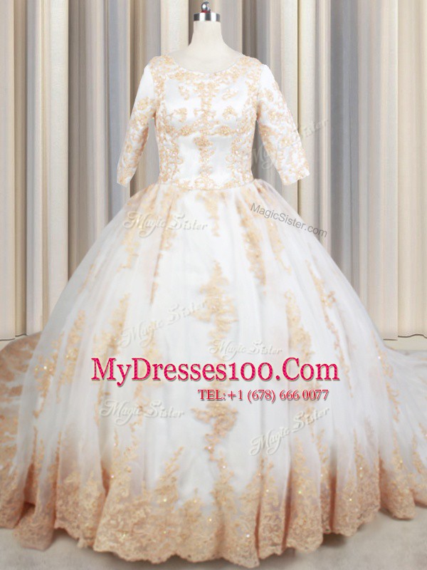 Top Selling Scoop White Half Sleeves Beading and Lace and Appliques Zipper Quinceanera Dress