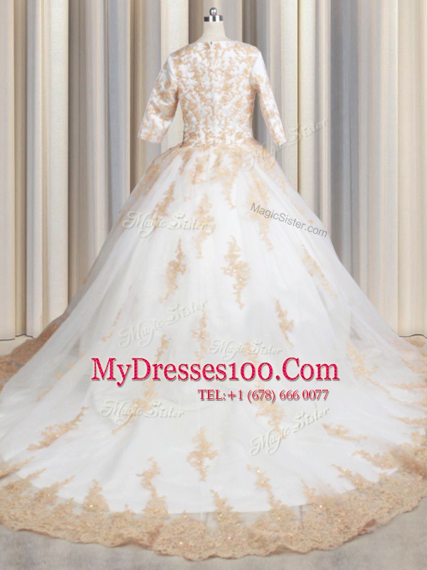 Top Selling Scoop White Half Sleeves Beading and Lace and Appliques Zipper Quinceanera Dress