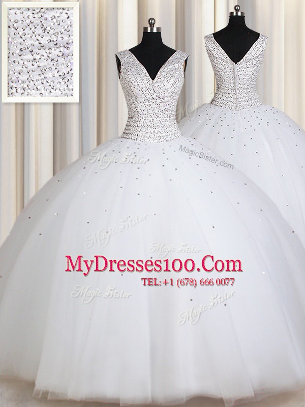 Enchanting Straps Sequins White Sleeveless Tulle Zipper Sweet 16 Dresses for Military Ball and Sweet 16 and Quinceanera