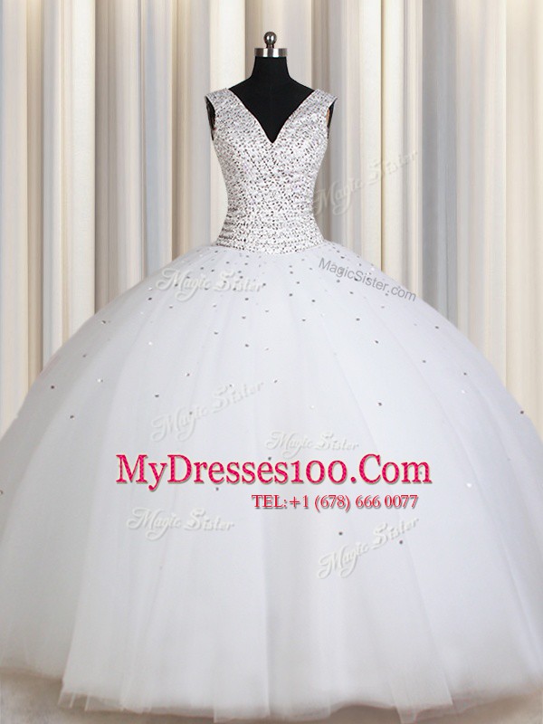Enchanting Straps Sequins White Sleeveless Tulle Zipper Sweet 16 Dresses for Military Ball and Sweet 16 and Quinceanera
