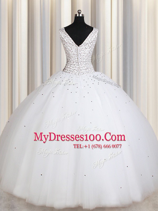 Enchanting Straps Sequins White Sleeveless Tulle Zipper Sweet 16 Dresses for Military Ball and Sweet 16 and Quinceanera