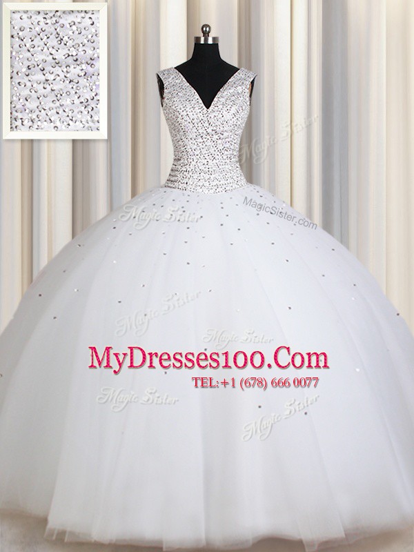 Enchanting Straps Sequins White Sleeveless Tulle Zipper Sweet 16 Dresses for Military Ball and Sweet 16 and Quinceanera