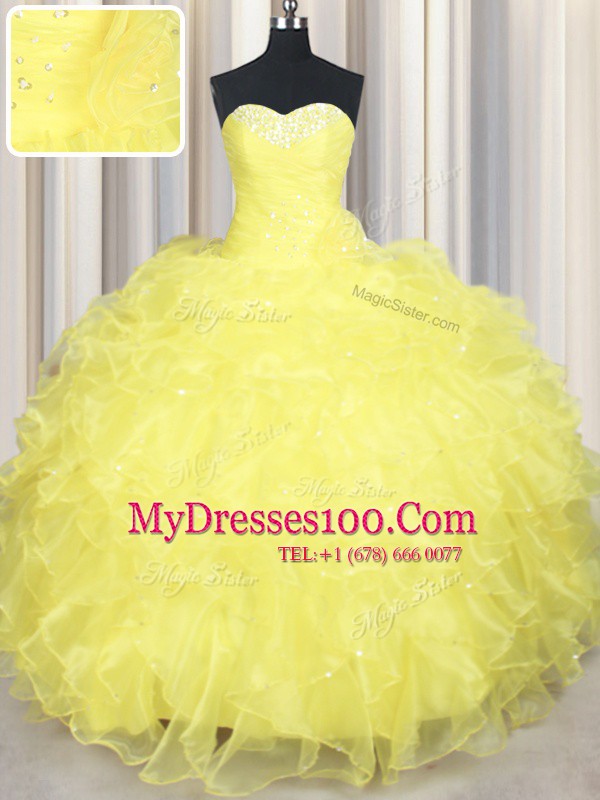 Yellow Lace Up Ball Gown Prom Dress Beading and Ruffles Sleeveless Floor Length