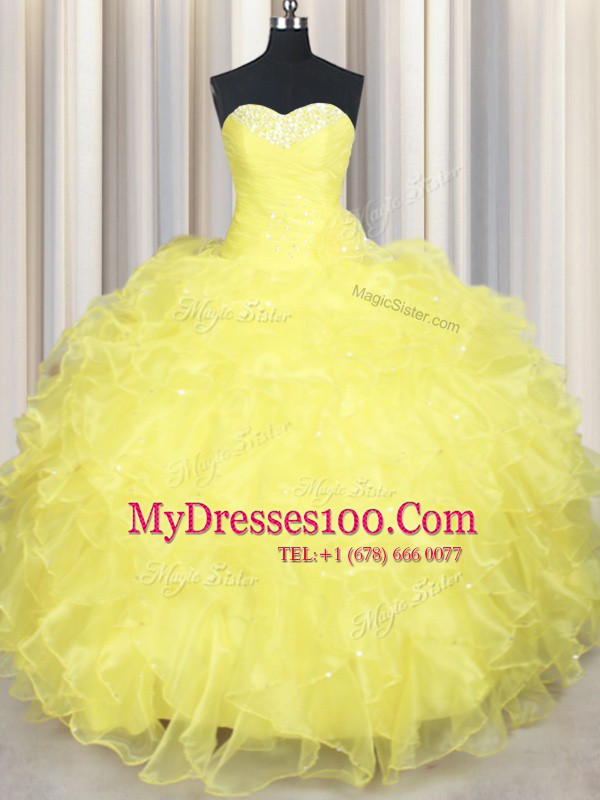 Yellow Lace Up Ball Gown Prom Dress Beading and Ruffles Sleeveless Floor Length