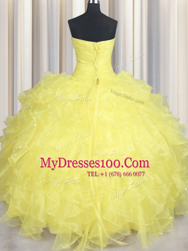 Yellow Lace Up Ball Gown Prom Dress Beading and Ruffles Sleeveless Floor Length