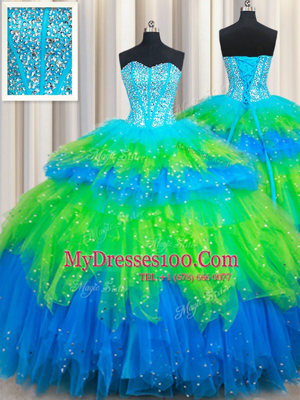 Multi-color Sleeveless Beading and Ruffled Layers Floor Length Quince Ball Gowns