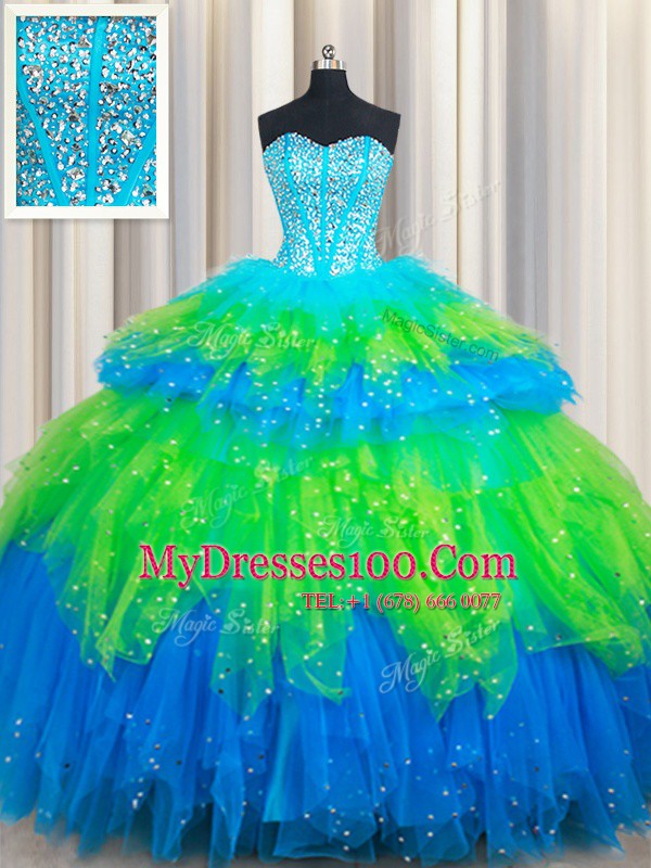 Multi-color Sleeveless Beading and Ruffled Layers Floor Length Quince Ball Gowns