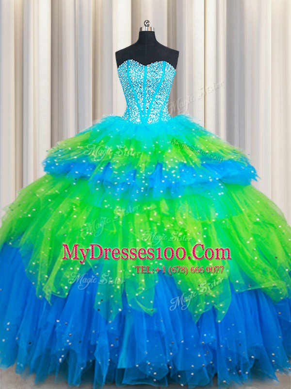 Multi-color Sleeveless Beading and Ruffled Layers Floor Length Quince Ball Gowns