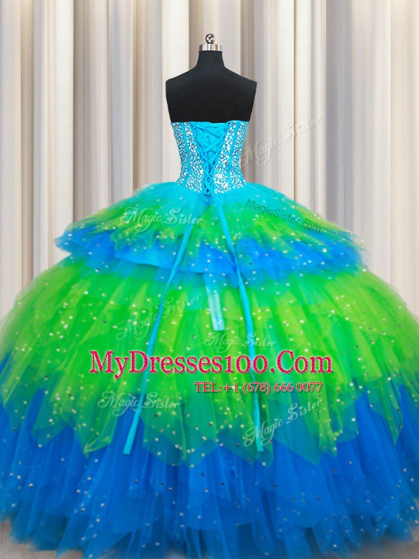 Multi-color Sleeveless Beading and Ruffled Layers Floor Length Quince Ball Gowns