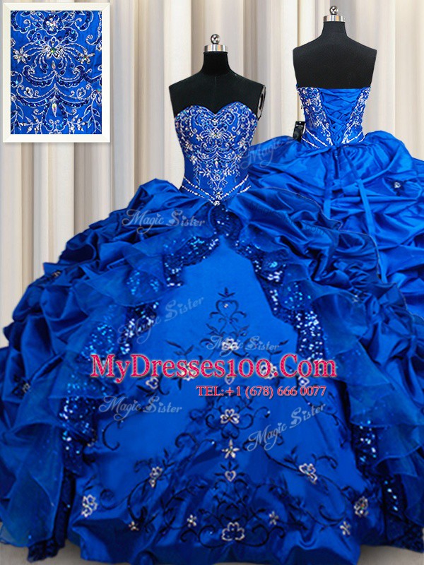 Beading and Embroidery and Sequins and Pick Ups Quinceanera Dress Royal Blue Lace Up Sleeveless Floor Length