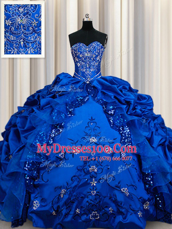 Beading and Embroidery and Sequins and Pick Ups Quinceanera Dress Royal Blue Lace Up Sleeveless Floor Length