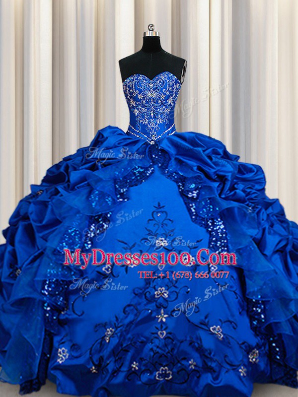 Beading and Embroidery and Sequins and Pick Ups Quinceanera Dress Royal Blue Lace Up Sleeveless Floor Length
