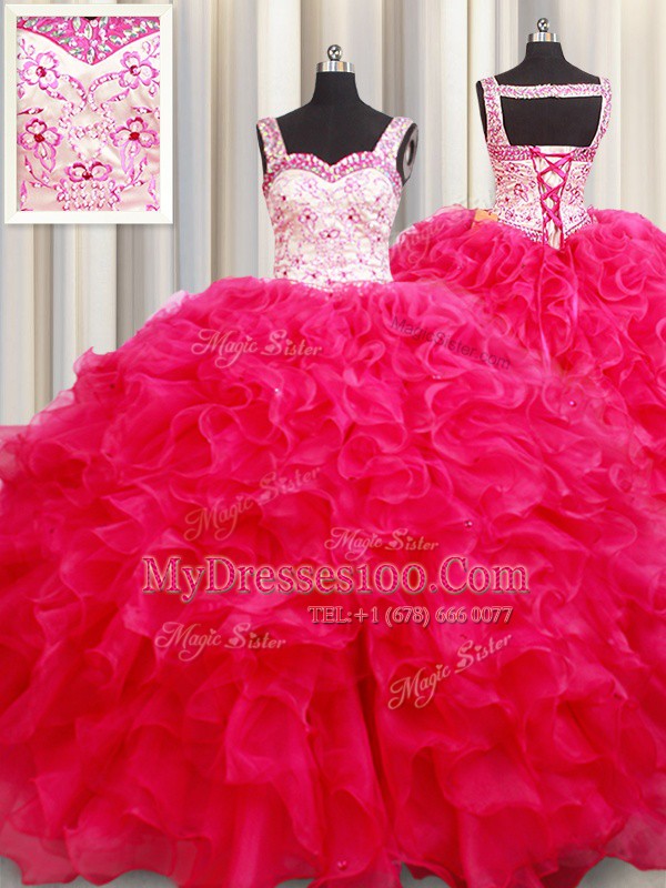 Fantastic Straps Hot Pink Sleeveless Embroidery and Ruffles Floor Length Quince Ball Gowns