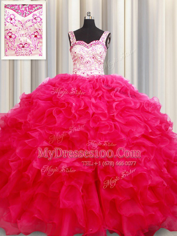 Fantastic Straps Hot Pink Sleeveless Embroidery and Ruffles Floor Length Quince Ball Gowns
