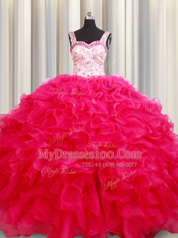 Fantastic Straps Hot Pink Sleeveless Embroidery and Ruffles Floor Length Quince Ball Gowns