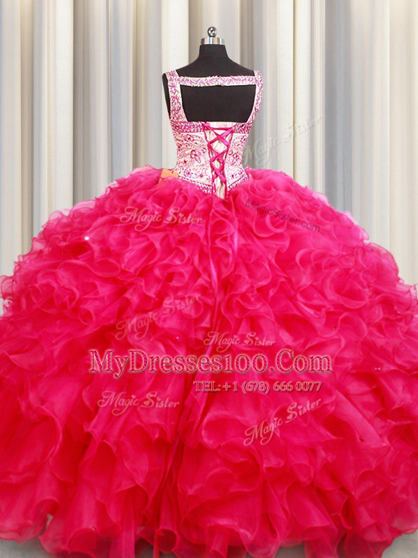 Fantastic Straps Hot Pink Sleeveless Embroidery and Ruffles Floor Length Quince Ball Gowns