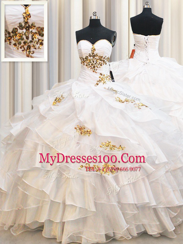 Shining Ruffled Floor Length Ball Gowns Sleeveless White Sweet 16 Dress Lace Up