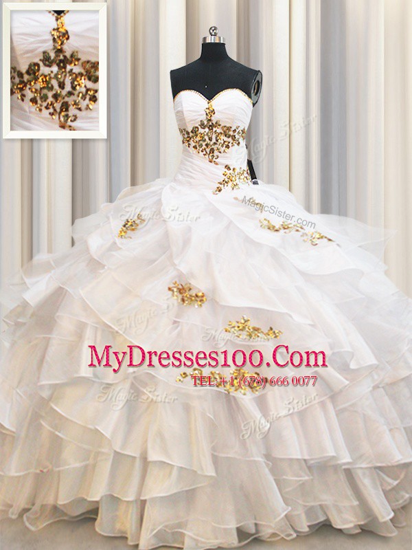 Shining Ruffled Floor Length Ball Gowns Sleeveless White Sweet 16 Dress Lace Up