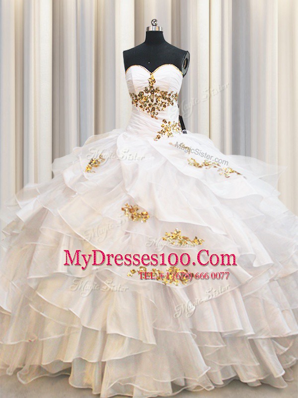 Shining Ruffled Floor Length Ball Gowns Sleeveless White Sweet 16 Dress Lace Up
