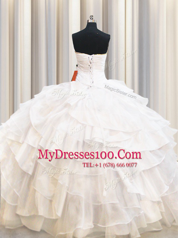 Shining Ruffled Floor Length Ball Gowns Sleeveless White Sweet 16 Dress Lace Up