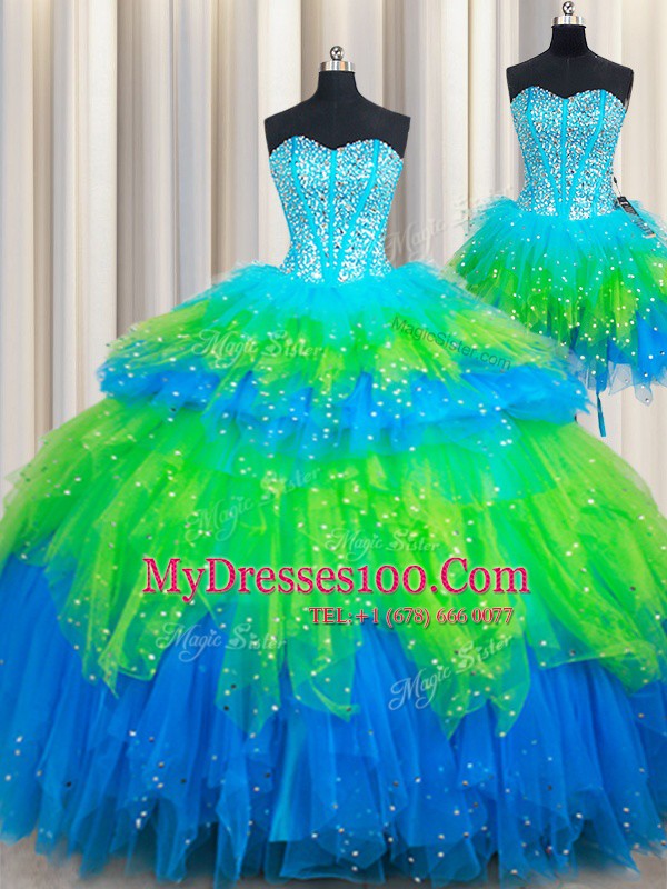 Three Piece Sweetheart Sleeveless Quinceanera Dress Floor Length Beading and Ruffled Layers Multi-color Tulle