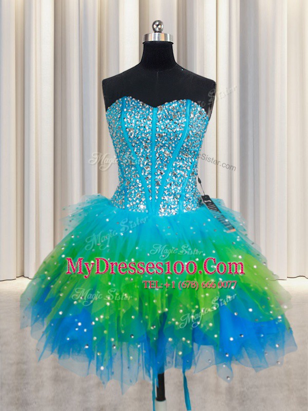 Three Piece Sweetheart Sleeveless Quinceanera Dress Floor Length Beading and Ruffled Layers Multi-color Tulle