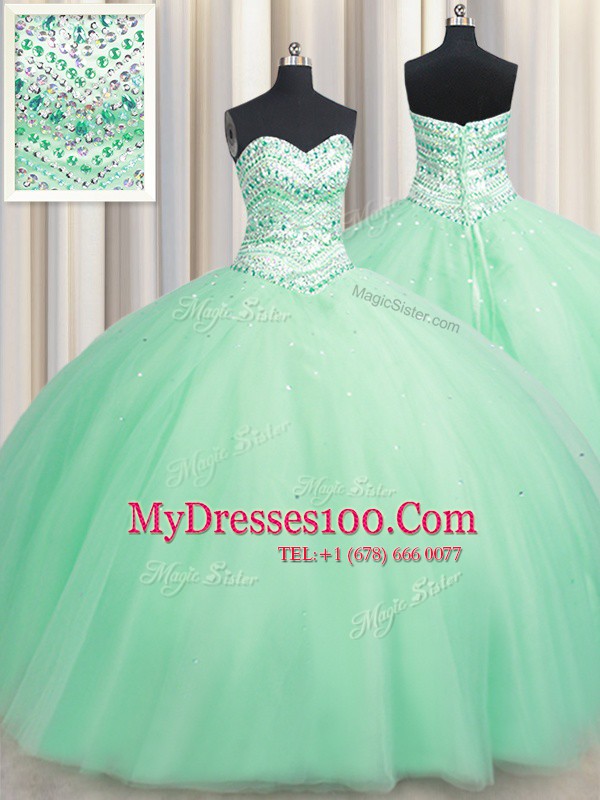 Apple Green Tulle Lace Up Sweetheart Sleeveless Floor Length Vestidos de Quinceanera Beading