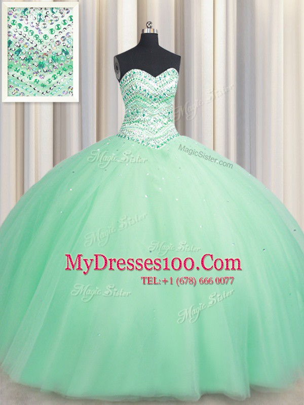 Apple Green Tulle Lace Up Sweetheart Sleeveless Floor Length Vestidos de Quinceanera Beading