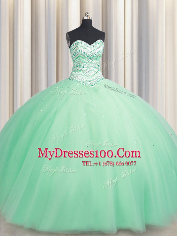 Apple Green Tulle Lace Up Sweetheart Sleeveless Floor Length Vestidos de Quinceanera Beading