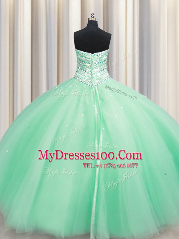Apple Green Tulle Lace Up Sweetheart Sleeveless Floor Length Vestidos de Quinceanera Beading