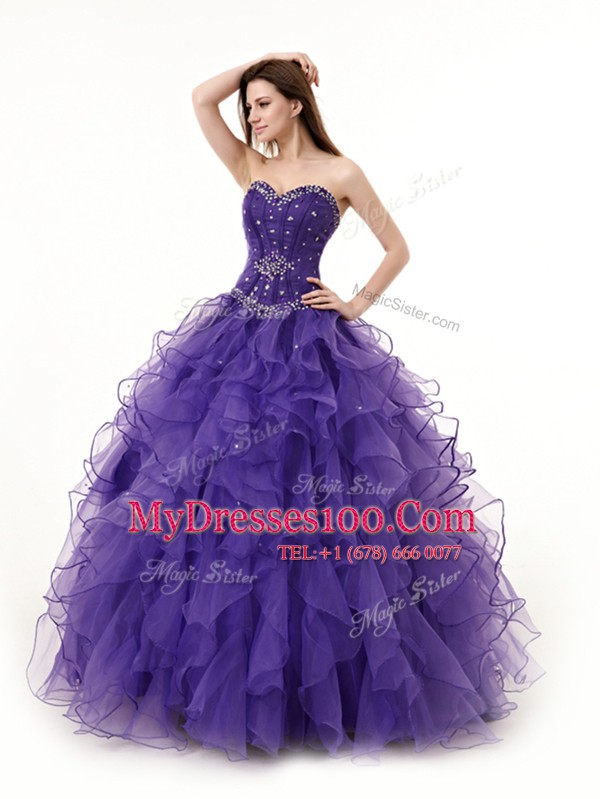 Floor Length Purple 15th Birthday Dress Organza Sleeveless Beading and Ruffles