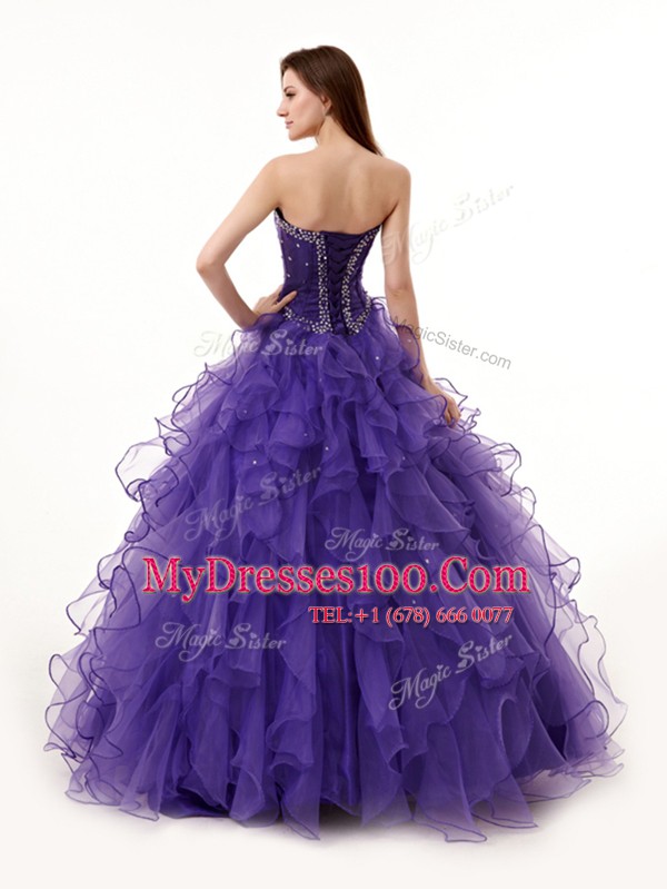 Floor Length Purple 15th Birthday Dress Organza Sleeveless Beading and Ruffles