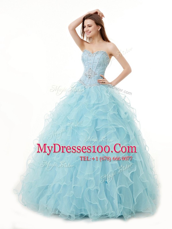 New Style Light Blue Sleeveless Organza Lace Up Sweet 16 Quinceanera Dress for Military Ball and Sweet 16 and Quinceanera