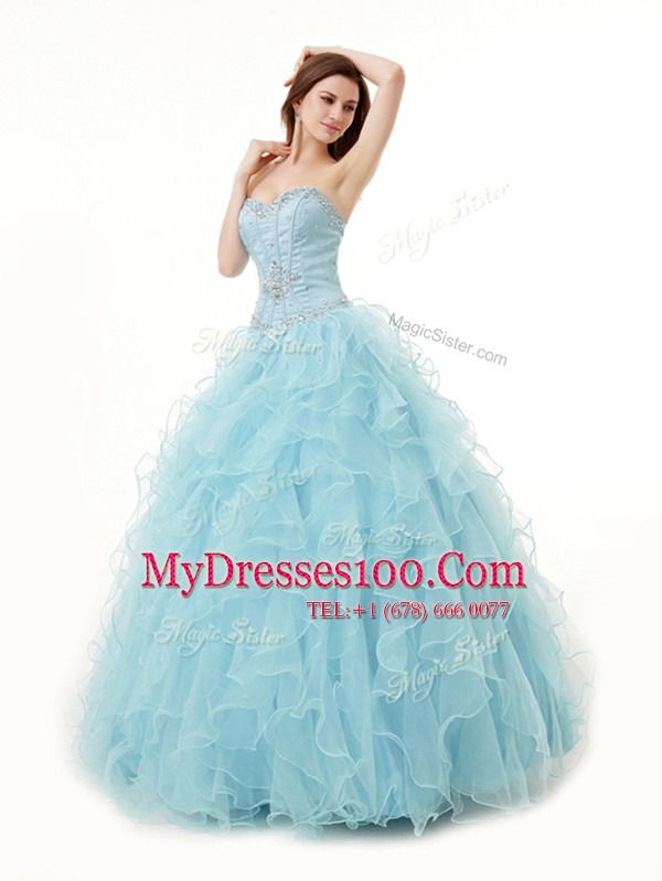 New Style Light Blue Sleeveless Organza Lace Up Sweet 16 Quinceanera Dress for Military Ball and Sweet 16 and Quinceanera