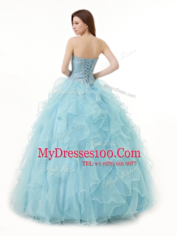 New Style Light Blue Sleeveless Organza Lace Up Sweet 16 Quinceanera Dress for Military Ball and Sweet 16 and Quinceanera