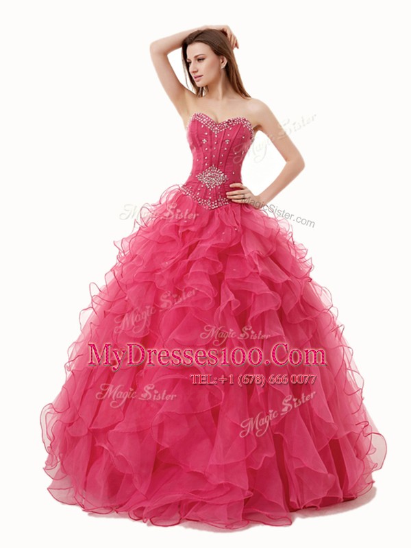 Fancy Floor Length A-line Sleeveless Coral Red Quinceanera Dresses Lace Up