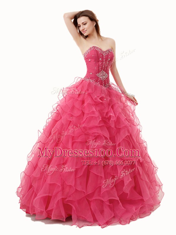Fancy Floor Length A-line Sleeveless Coral Red Quinceanera Dresses Lace Up