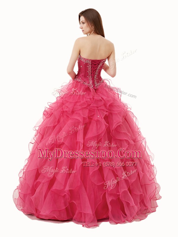 Fancy Floor Length A-line Sleeveless Coral Red Quinceanera Dresses Lace Up
