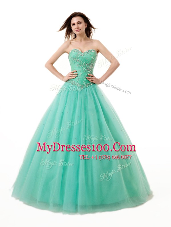 Floor Length Lace Up Sweet 16 Dresses Turquoise for Military Ball and Sweet 16 and Quinceanera with Beading and Ruching