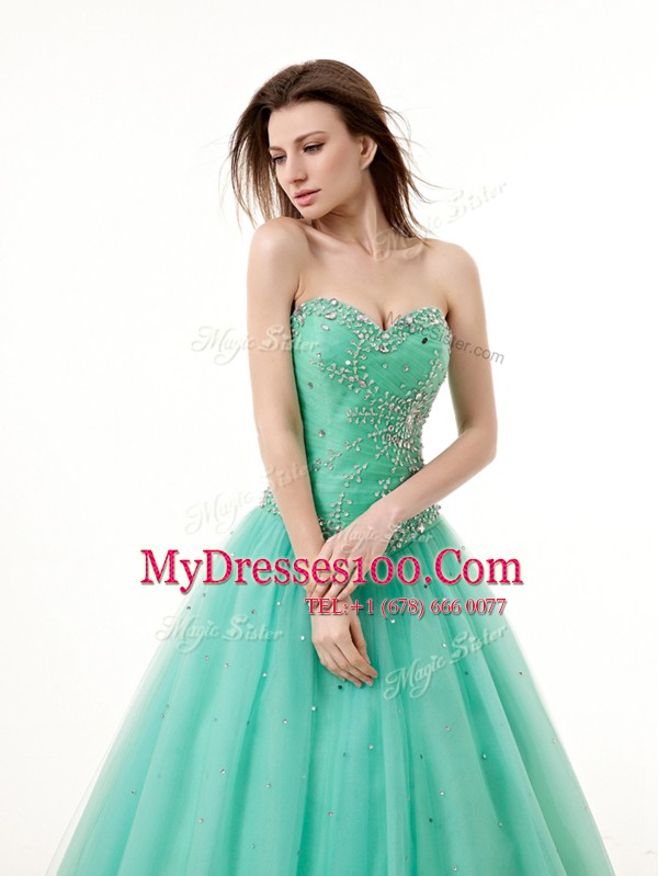 Floor Length Lace Up Sweet 16 Dresses Turquoise for Military Ball and Sweet 16 and Quinceanera with Beading and Ruching