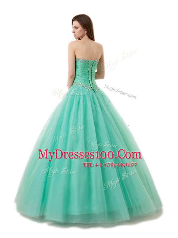 Floor Length Lace Up Sweet 16 Dresses Turquoise for Military Ball and Sweet 16 and Quinceanera with Beading and Ruching