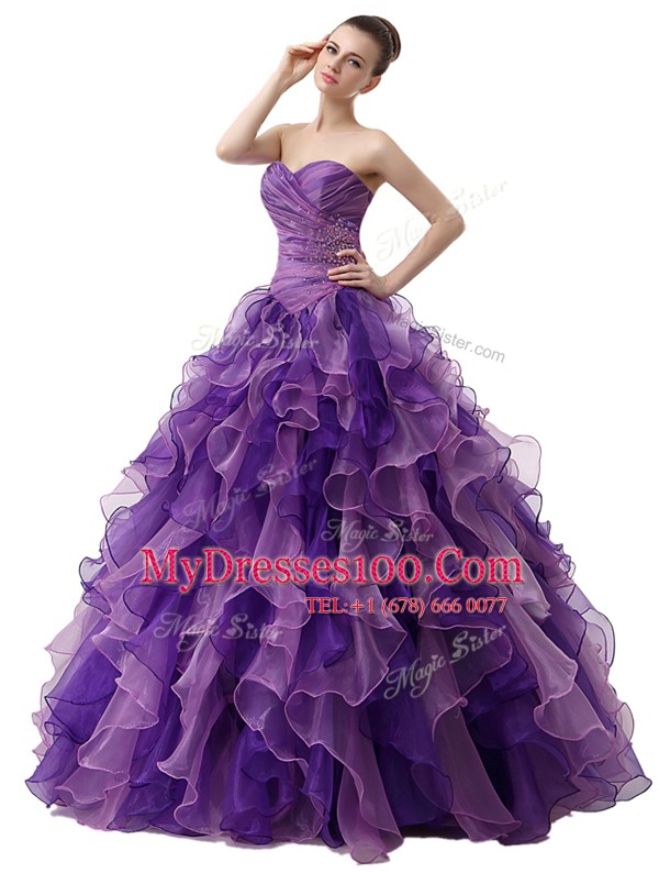 Purple Sweetheart Neckline Beading and Ruffles and Ruching Quinceanera Gowns Sleeveless Lace Up