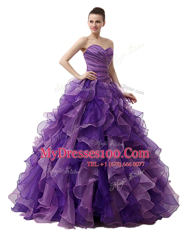 Purple Sweetheart Neckline Beading and Ruffles and Ruching Quinceanera Gowns Sleeveless Lace Up
