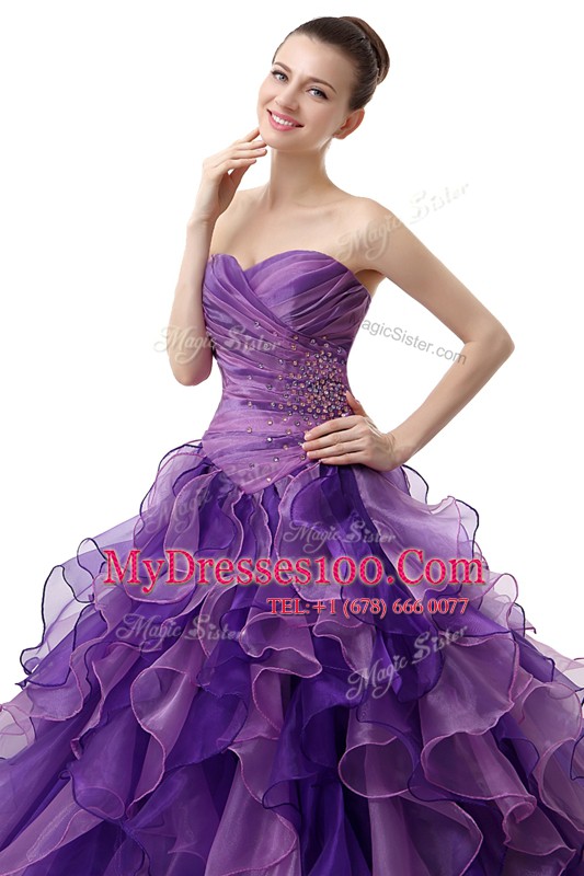 Purple Sweetheart Neckline Beading and Ruffles and Ruching Quinceanera Gowns Sleeveless Lace Up