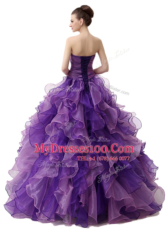 Purple Sweetheart Neckline Beading and Ruffles and Ruching Quinceanera Gowns Sleeveless Lace Up