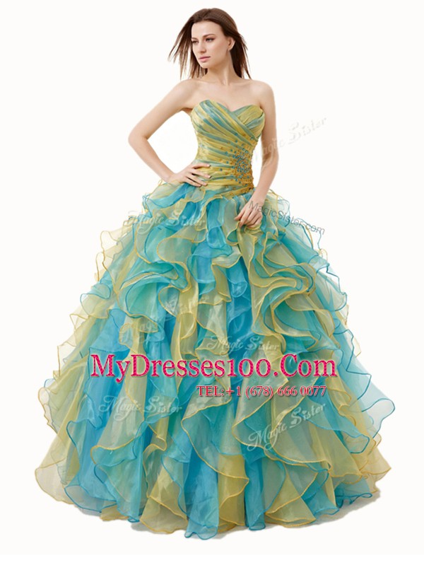 Vintage Beading and Ruffles and Ruching Sweet 16 Quinceanera Dress Multi-color Lace Up Sleeveless Floor Length