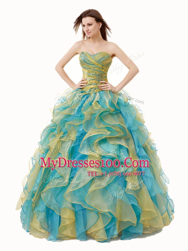 Vintage Beading and Ruffles and Ruching Sweet 16 Quinceanera Dress Multi-color Lace Up Sleeveless Floor Length