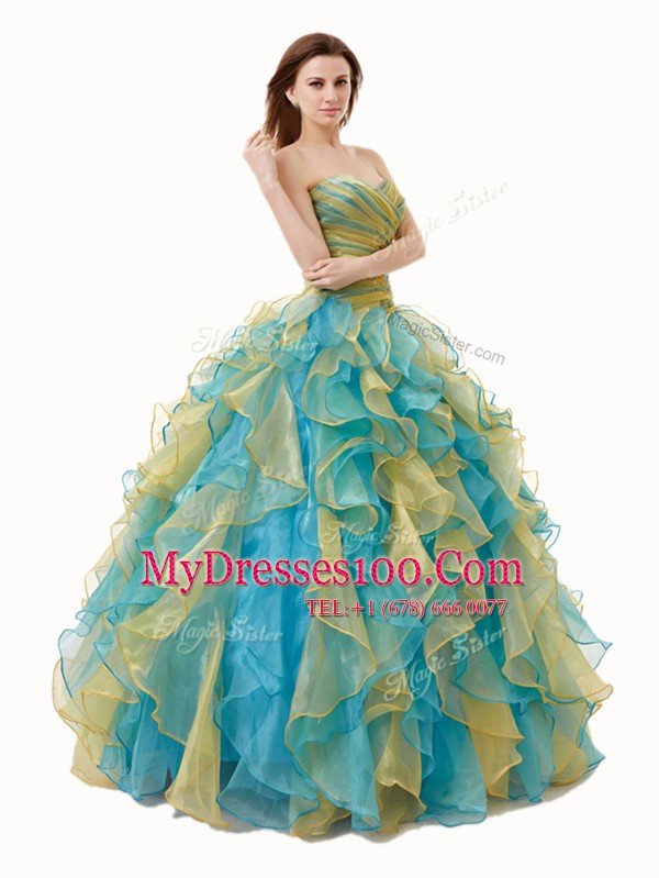Vintage Beading and Ruffles and Ruching Sweet 16 Quinceanera Dress Multi-color Lace Up Sleeveless Floor Length