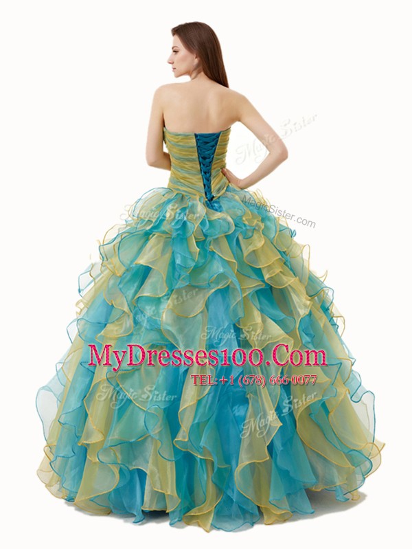 Vintage Beading and Ruffles and Ruching Sweet 16 Quinceanera Dress Multi-color Lace Up Sleeveless Floor Length