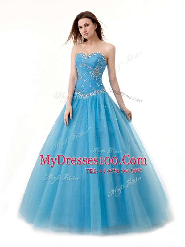 Tulle Sweetheart Sleeveless Lace Up Beading and Ruching Sweet 16 Dresses in Baby Blue